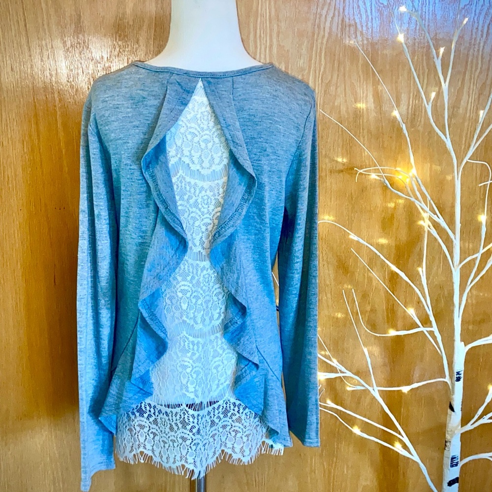 EUC-Beautiful Lace Back Evelyn Blue Knit Shirt